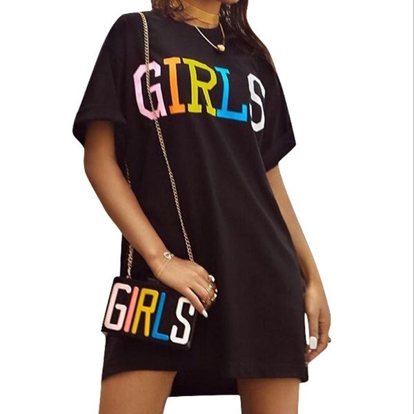 

Girl Colorful Letters Printing Dresses Black Crew Neck Dress T-shirt High Quality Fashion Women T-shirts