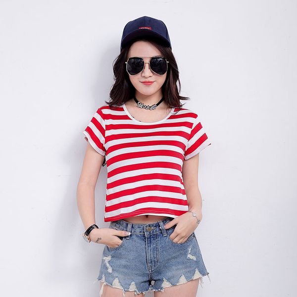 

2018 summer new women crops t shirt short-sleeve t-shirt tees casual crop cotton hip hop basic shirt striped, White