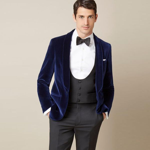 

navy blue velvet men suit for wedding prom party 3 piece custom made groom tuxedos shawl lapel slim fit groomsmen jacket+pants vest ternos, Black;gray