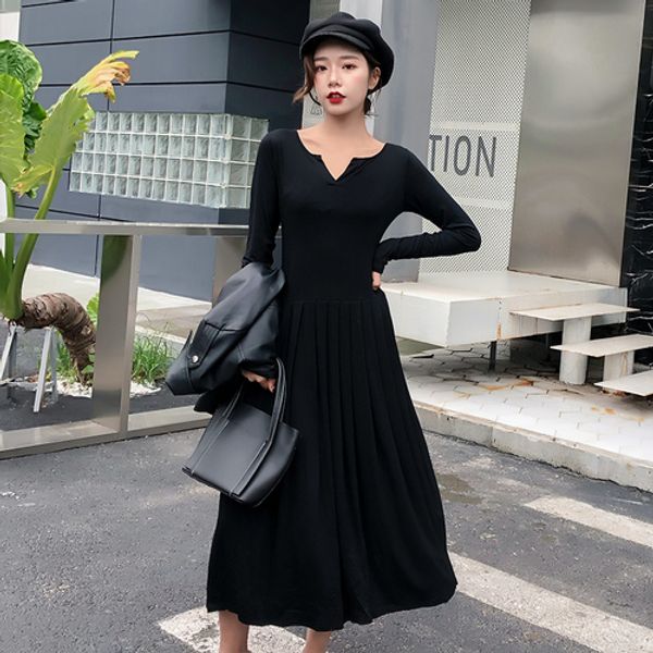 

korean black long sleeve midi dress pleated v-neck casual brief swing dress women elegant dresses, White;black
