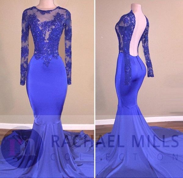 

royal blue 2018 prom dresses african formal evening gowns appliques sequined mermaid long sleeve party dress bakcless, Black
