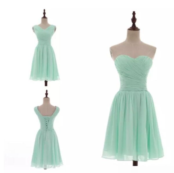 Abiti da damigella d'onore country in chiffon corto pieghettato stili misti Abiti da damigella d'onore da sposa al ginocchio verde menta Immagini reali al 100%