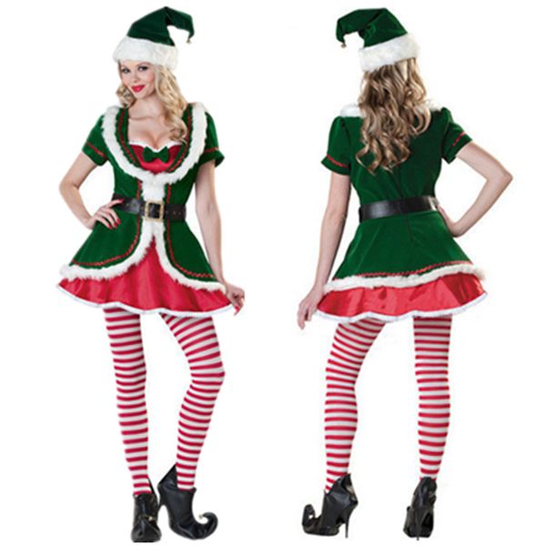

5pcs/set womens santa claus green holiday elf christmas costume sweet dress christmas xmas outfit, Black;red