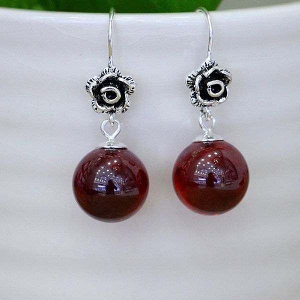 

925 sterling silver earrings for women jewelry natural stone gem garnet vintage flower 10mm big jade long drop earrings se02, Golden;silver