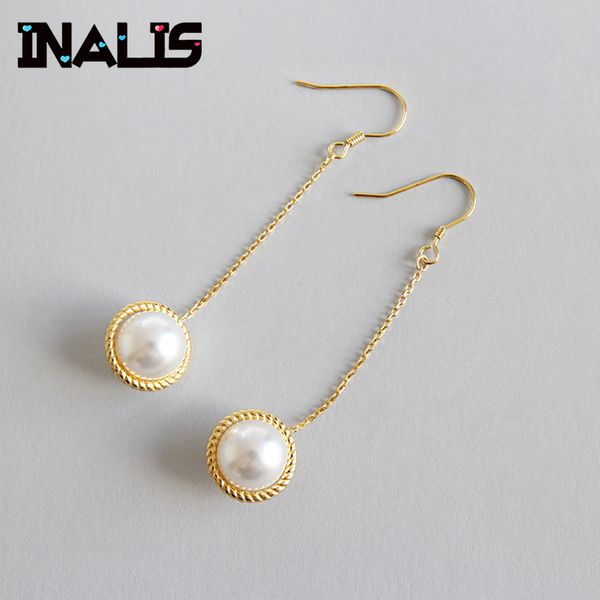 

inalis brand new long chain ear hook s925 sterling silver sea shell peal dangle gold plated drop earrings for women brincos gift, Golden;silver