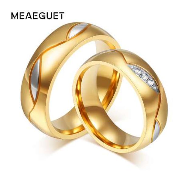 

meaeguet classic couple rings for lover's cubic zirconia wedding ring gold-color stainless steel anel jewelry, Silver