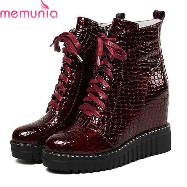 

memunia 2018 patent leather ankle boots for women round toe lace up zip wedges platform shoes fashion autumn boots, Black