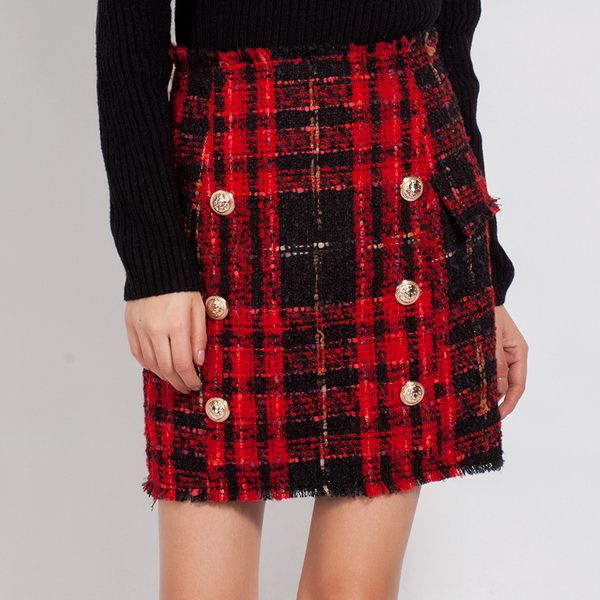

new fashion 2017 fall winter designer skirt women's lion buttons colors tweed wool mini skirt, Black