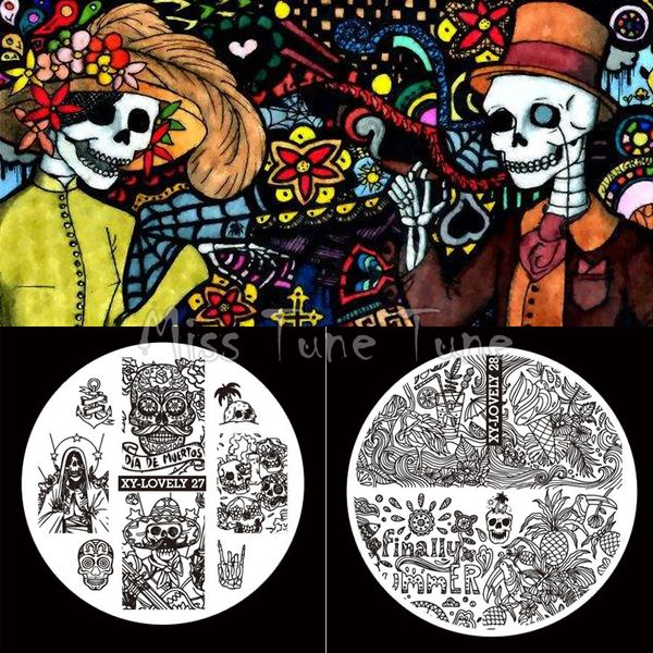 

2pcs halloween small size nail stamping plate image transfer templates stamp tool skull mexican day of the dead, White