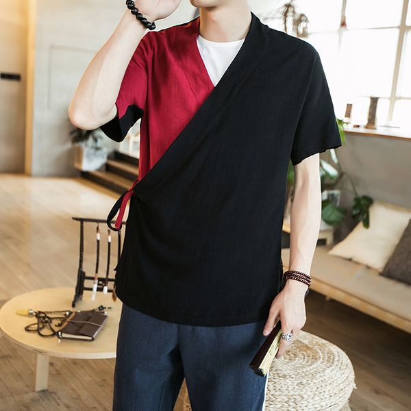 

2018 summer vintage corduroy men patchwork japanese streetwear kimono anorak punk rave mont steampunk mens clothing, Red
