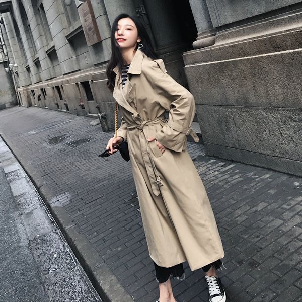 

windbreaker women's long section korean version of the fall 2018 new loose waist was thin temperament coat tide, Tan;black