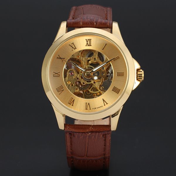 

waterproof men's automatic mechanical watch leather belt wristwatch fashion gifts casual clock male gifts, Slivery;brown