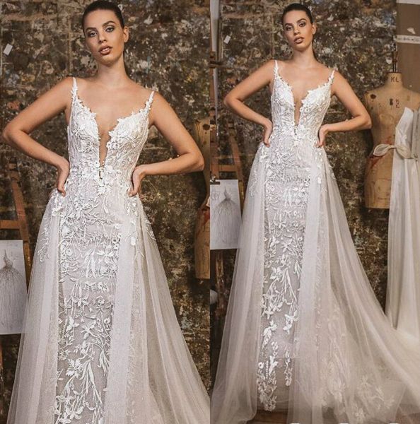 

lavish by yaniv persy fall 2019 mermaid wedding dresses with overskirts v neck vestido de novia lace boho wedding bridal gowns, White
