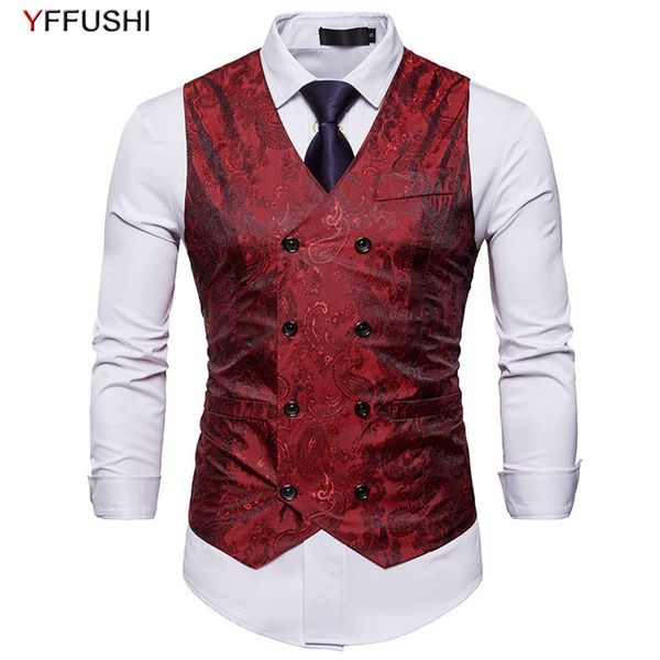 

yffushi 2018 stylish men vest double breasted jacquard vest 8 buttons casual style slim fit 6 colors fashion design, Black;white