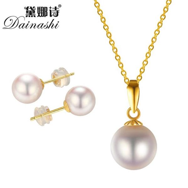 

dainashi 2016 selling natural pearl jewelry set for women 18k gold necklace&earrings prfine jewelry, Black