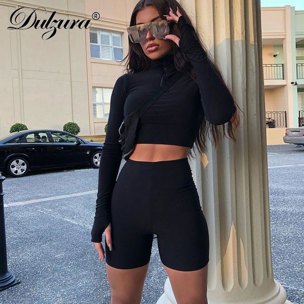 

dulzura 2018 autumn winter women long sleeve neck zipper crop high waist stretch shorts workout fitness 2 pieces set, Gray