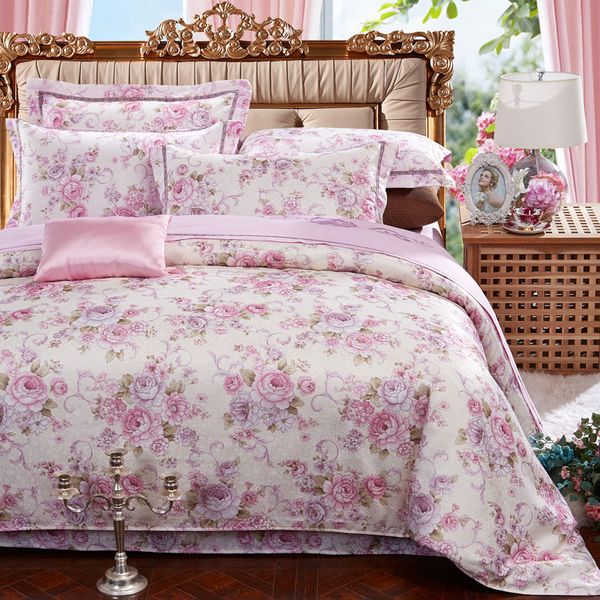 Pink Purple Blue Luxury Jaquard Floral Bedding Sets Queen King