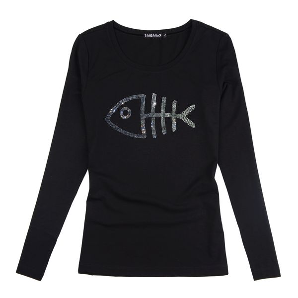 

yamy new long sleeve womens t-shirt with rhinestones 2017 fashion fish cross skull womens autum shirts casual tees, White