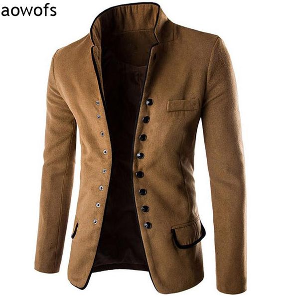 

fashion 2017 aowofs autumn winter warm cashmere men's suit collar coat woolen jackets single-breasted windbreaker overcoat, Tan;black