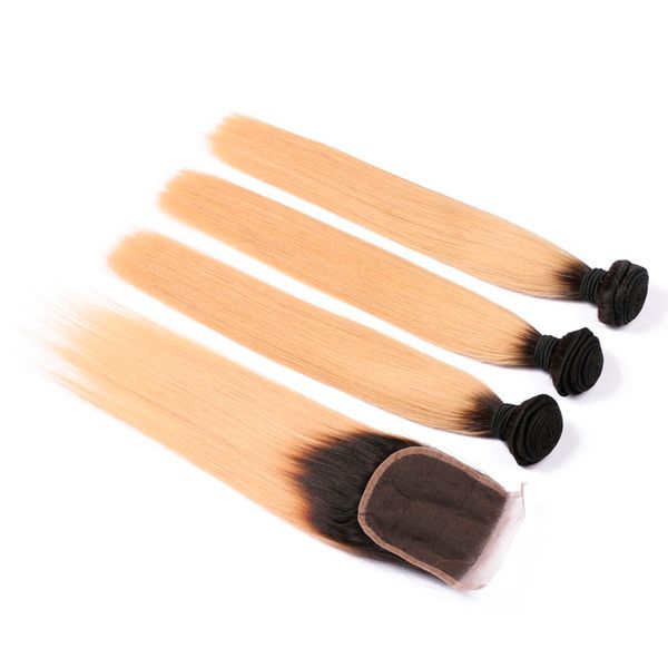 

brazilian remy human hair bundles with closure ombre hair 3 bundles with 4*4 lace closure 1b27 honey blond color straight hair wefts, Black;brown