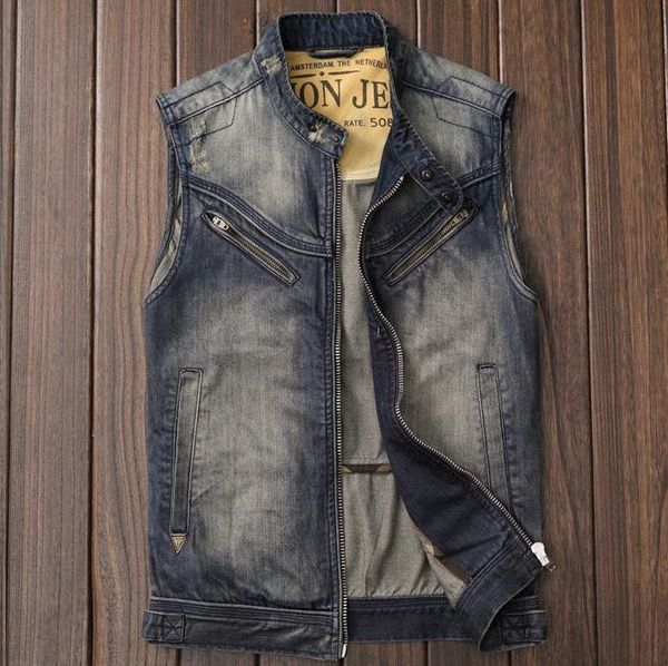 

mens light blue denim collarless motorcycle vest classical ripped washed slim fit moto biker denim vest for men size s-2xl, Black;white