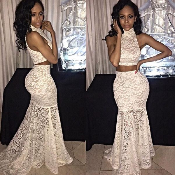 

two pieces high neck mermaid prom dresses ivory lace evening party dress illusion sweep train prom gowns for party wear, Black