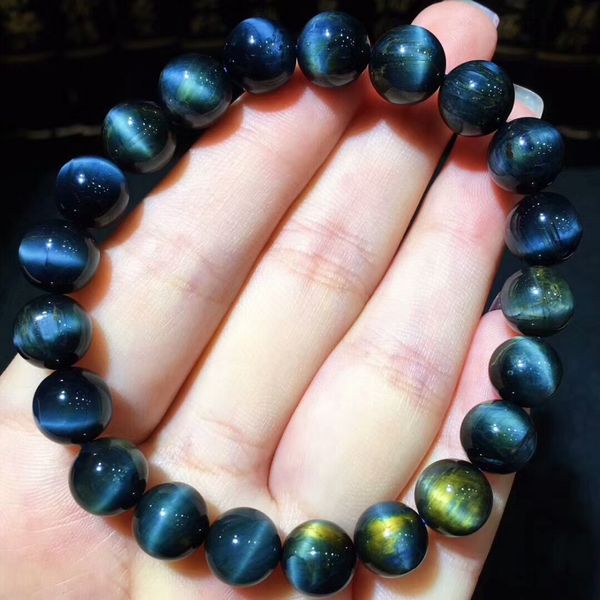 

genuine natural pietersite blue fire gemstone cat eye 9mm round beads stretch namibia healing bracelet certificate, Golden;silver