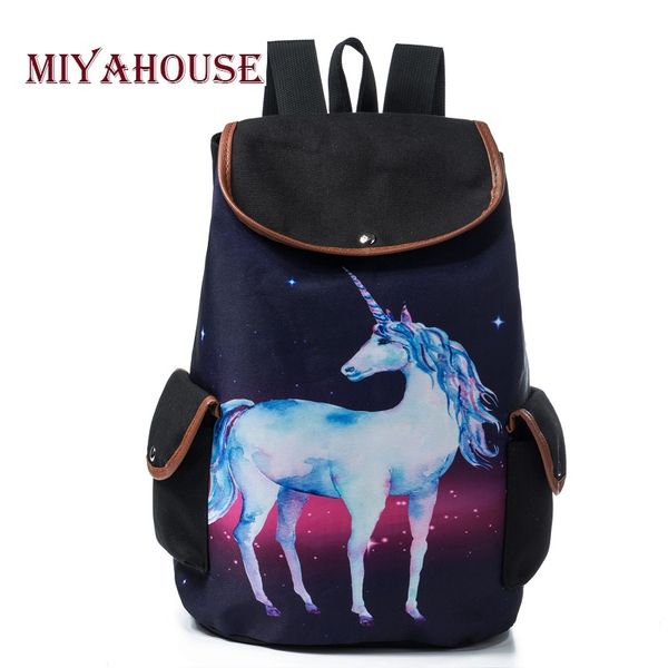 

miyahouse space and horse printed school backpack for teenager drawstring design cartoon unicorn canvas travel rucksack female