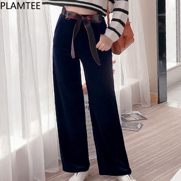 

plamtee 2018 spring thin pants women golden velvet bow straight leg pants female loose casual high waist trousers plus size new, Black;white