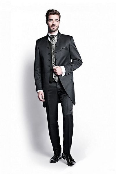 

double breasted groomsmen mandarin lapel groom tuxedos black men suits wedding/prom man blazer/bridegroom(jacket+pants+vest+tie)m735, Black;gray
