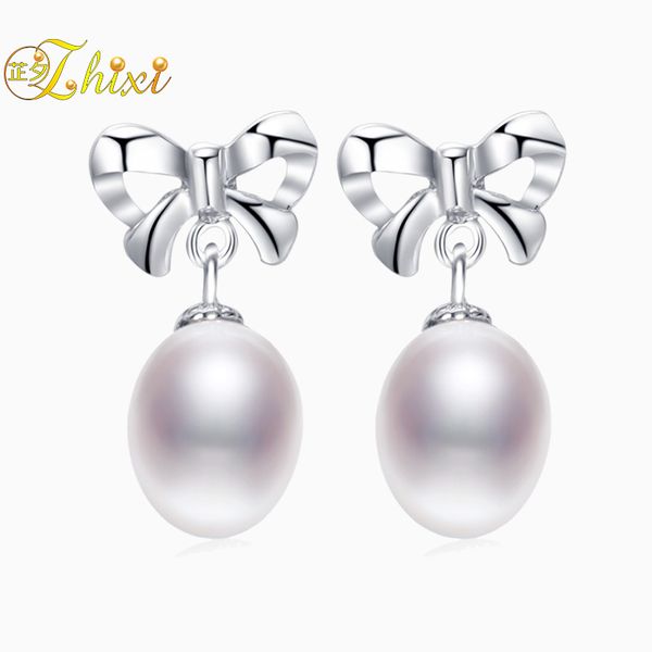 

zhixi elegant sweet pearl drop earrings 925 silver fine jewelry bow-knot teenage style for girl gift party daily e252, Golden;silver