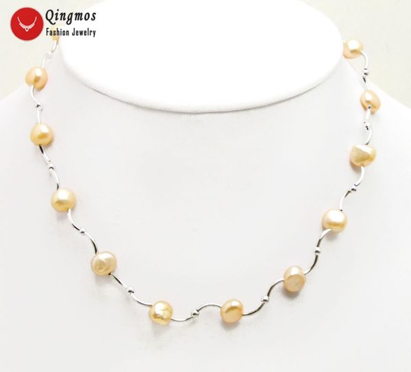 

qingmos floating natural pearl necklace for women with 8mm pink baroque pearl chokers necklace and silver plated elbow jewelry, Golden;silver