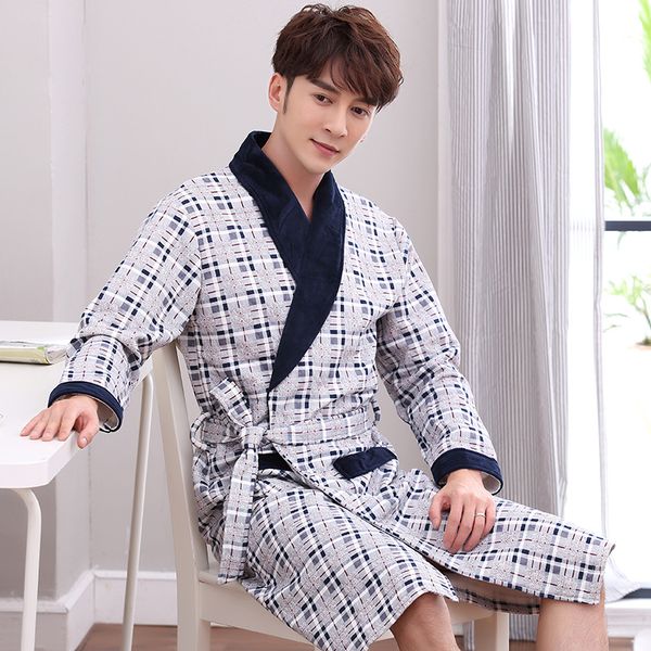 

plaid print quilted plus size xl-4xl mens robes winter male bathrobe oversize dressing gown men warm autumn cotton nightdress, Black;brown