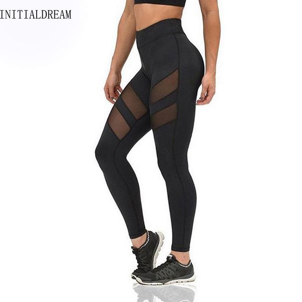 

initialdream new sporting leggings women yuga pants fitness mesh yuga elastic ladies sporting leggins workout pants, Black