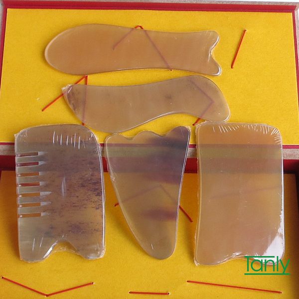 

good quality 100% natural ox horn comb guasha plate fish and s shaped yellow horn 5pcs/set