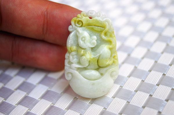 

hand-carved - shaanxi lantian county - white flying yellow jade, chinese 12(chinese zodiac) rat - elliptic charm necklace pendant (amulet), Silver