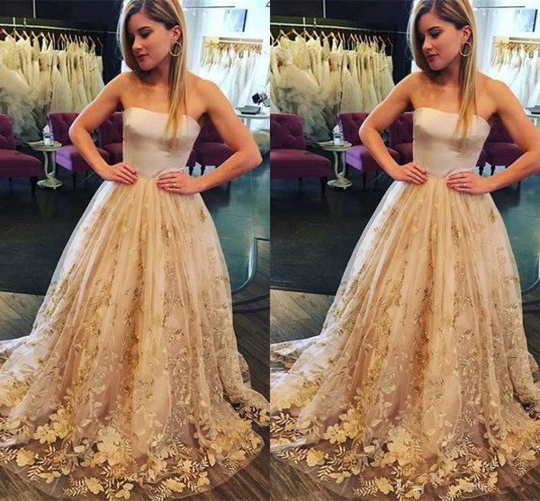 

Strapless Champagne A-Line Gold Prom Dresses 2019 Satin Appliques Tulle Floor Length Party Dresses Formal Dresses Evening