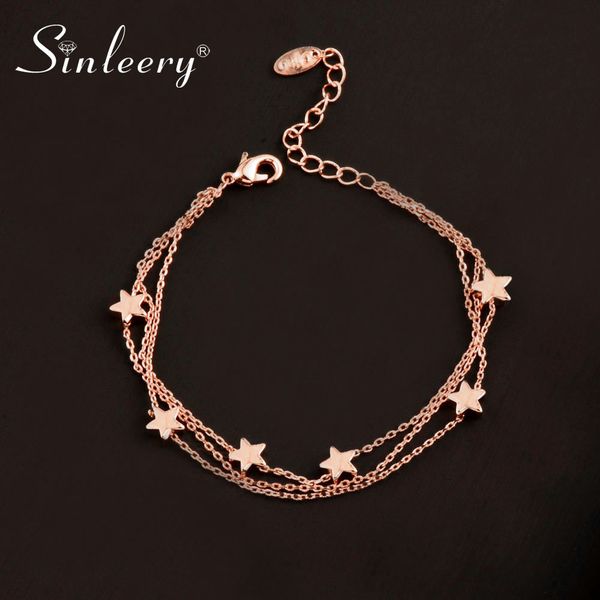 

sinleery charm star 3 layer chain bracelet bangle silver/rose gold color sweety jewelry for women girl pulseras sl360 ssc, Black