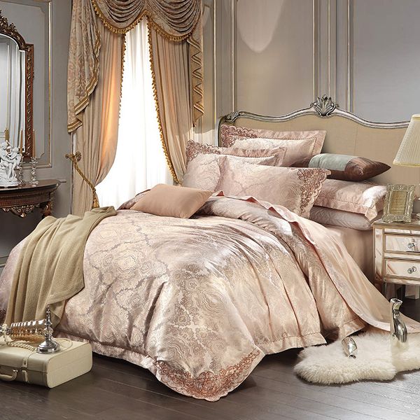 

new european satin jacquard bedding sets soft slippery bamboo fiber linens /king set duvet cover set+flat sheet+pillo