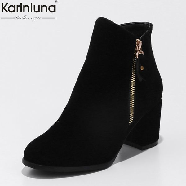 

karinluna 2018 dropship large sizes 33-43 trendy ankle boots women shoes woman high heels shoes female fashion booties, Black