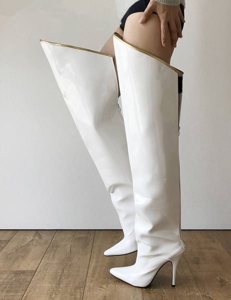 

white 12cm fetish high heel fashion over the knee boots stiletto hard shaft custom color gold piping mid-thigh boot, Black