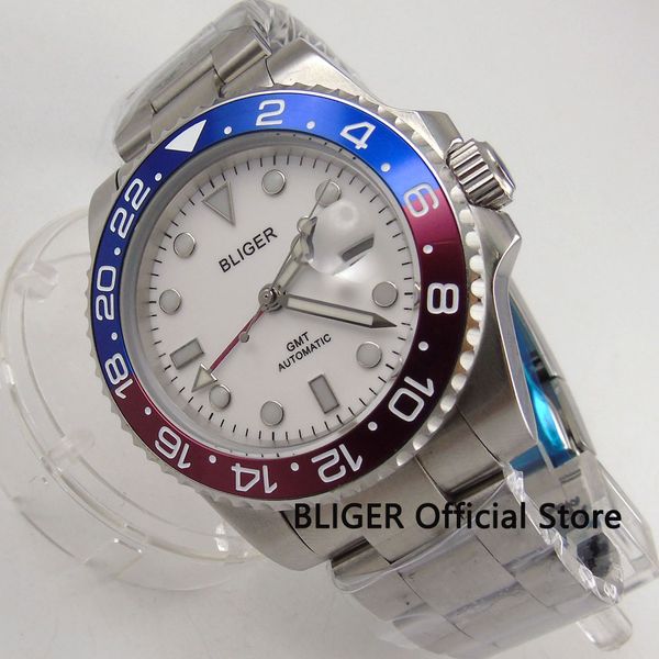 

sapphire glass bliger 40mm white dial blue red alloy bezel gmt function luminous stainless steel automatic movement men's watch, Slivery;brown