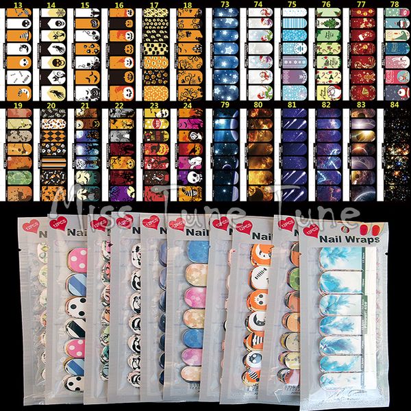

14 tips nail art full cover adhesive stickers polish foils transfer tips wrap flower xmas cartoon decal manicure 6 styles/set, Black
