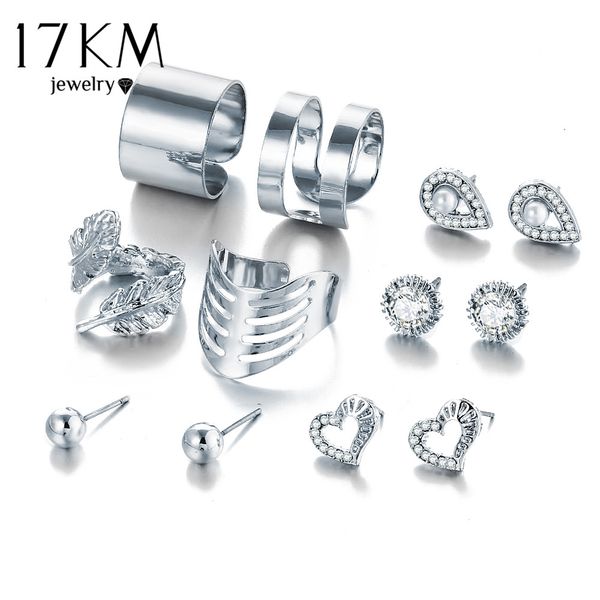 

17km 8 pcs/ set new gold color crystal heart earrings for women silver color water drop leaf rings engagement jewelry set
