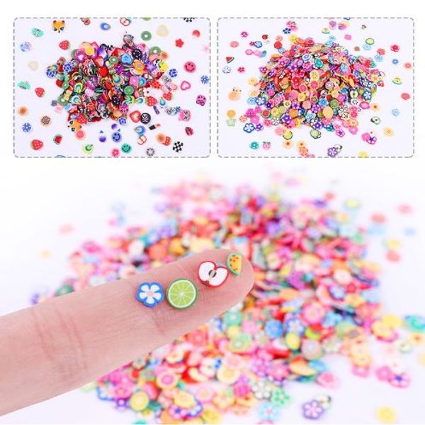 1000 шт. Красочные фрукты Fimo Nail Sparkle Fruit Цветок Животное Сердце Череп Смешанный 3D Украшения Ельпиницы Орнамент