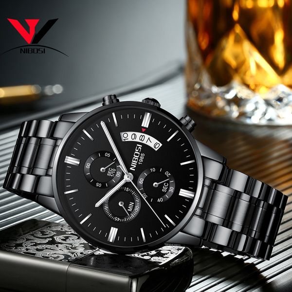 

nibosi black metal watch men watches luxury famous brand men's fashion casual dress watch quartz wristwatches saat, Slivery;brown