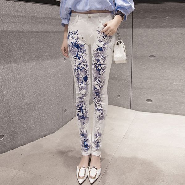 

2018 autumn new print slim legs long legs jeans female elastic thin pencil pants ripped jeans for women skinny woman, Blue