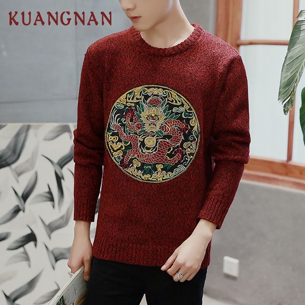 

kuangnan chinese style men sweater dragon embroidery knitted pullover men sweater thick pull mens sweaters 2018 winter new, White;black