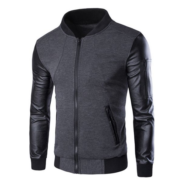 

2018 men's fashion bomber jacket leather patchwork stand collar coats streetwear autumn casual suit man zip up jackets outwear, Black;brown