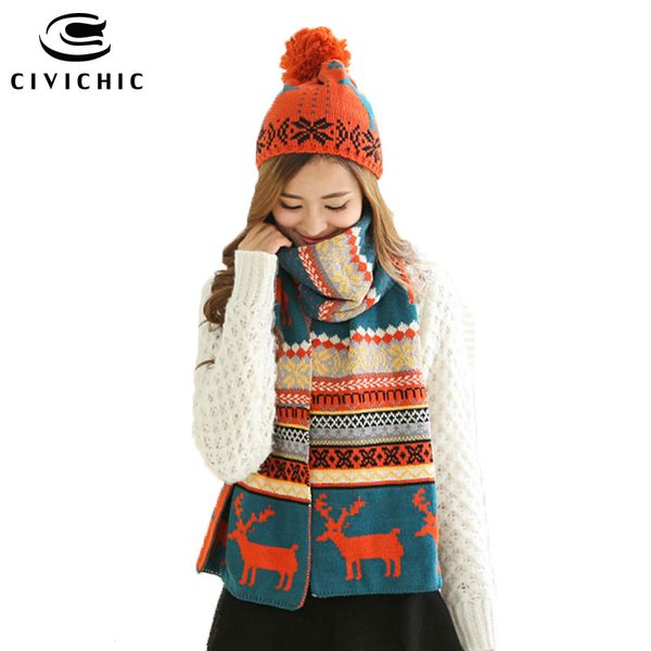 

civichic winter jacquard knit hat scarf 2 piece set christmas gift crochet snow cap xmas warm beanies chic pompon headwear sh115, Blue;gray